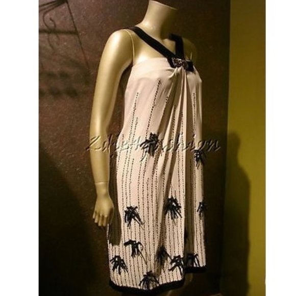 NWT 6267 Light Dove Gray Beaded Bow Rhinestone Pleated Dress 8 - Picture 4 of 6